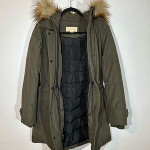 Michael Kors Olive Puffer Coat with Faux Fur Hood